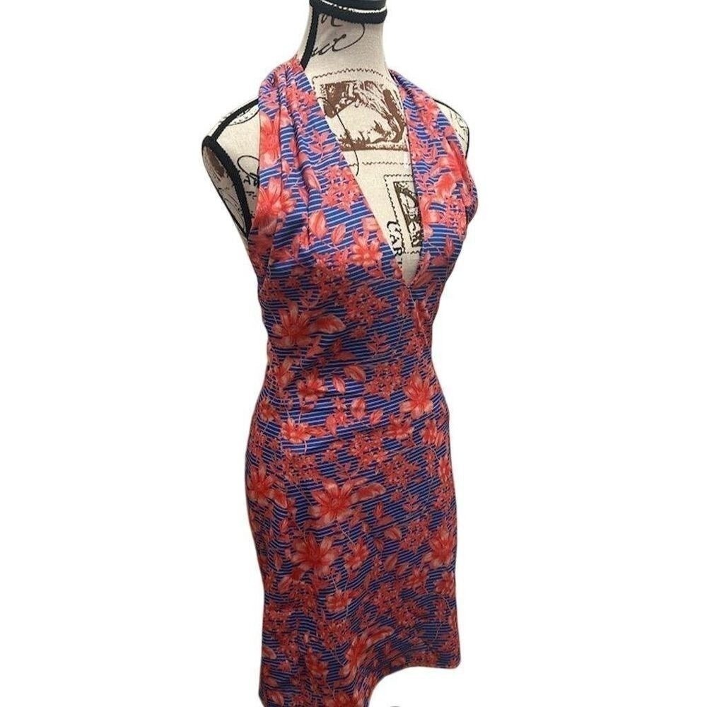 Belle Badgley Mischka Halter Dress Womens 0 Blue Coral Floral Striped Sheath NWT - Picture 6 of 11